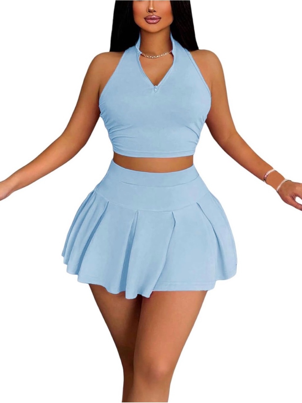 Light Blue Halter Crop Top and Pleated Mini Skirt with Shorts Set